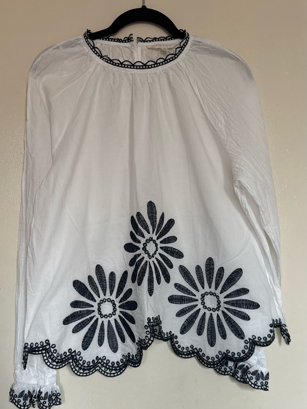 Adiva White Peasant Tunic with Black Floral Embroidery
